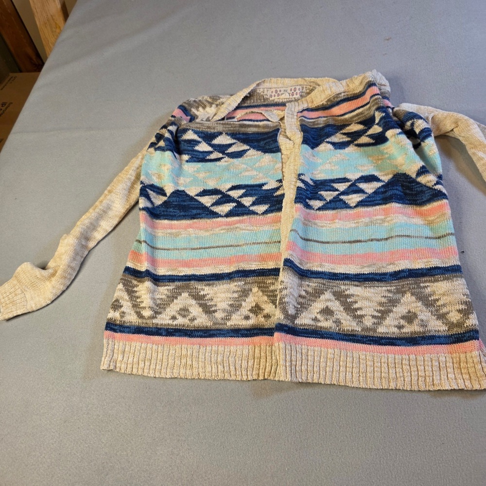 Pink Republic Southwestern Geometric Open Front Cardigan Blue Pink Tan Medium